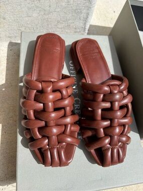 Officine Creative Cognac Brown Braided Leather Slide Sandals